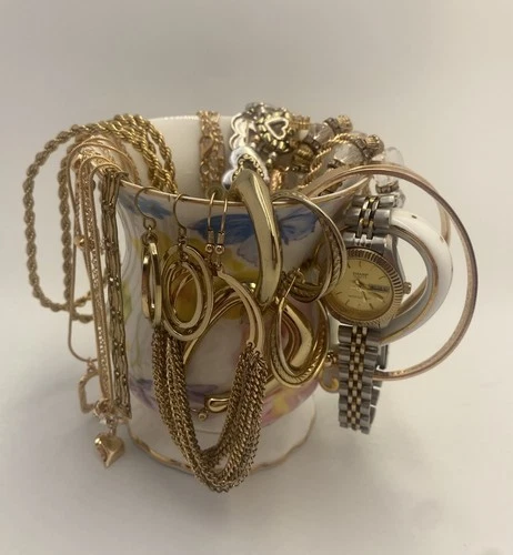 Mystery Jewelry Jar | 1 Lb | 29 pcs | Gold  Costume  | + 1 Vintage Sharp Watch