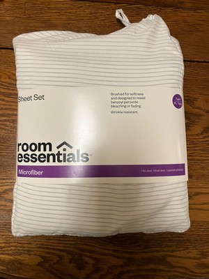 Room Essentials Twin/Twin XL Sheet Set New 3-Pc Set White Gray Stripe Microfiber