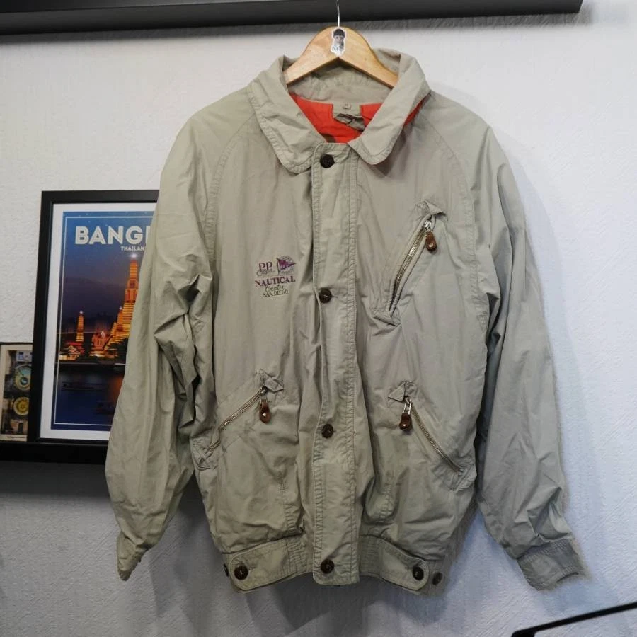 Vintage Nautical Sailing Jacket Mens M Oversized Beige Windbreaker 90s Style