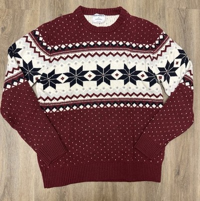 Old Navy Fair Isle Sweater Men s M Burgundy Nordic Snowflake Knit Winter Fits L