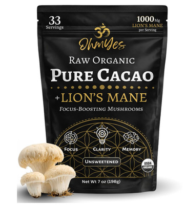 OhmYes Lion's Mane Cacao Powder 33 Servings Organic Unsweetened Superfood