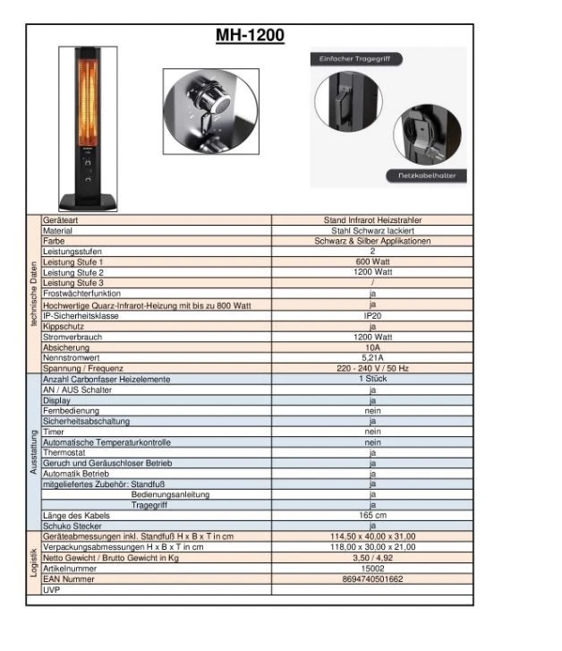 KUMTEL Infrarot Stand Heizstrahler 1200 Watt, Schwarz MH-1200,  NEU - Bild 2 von 3