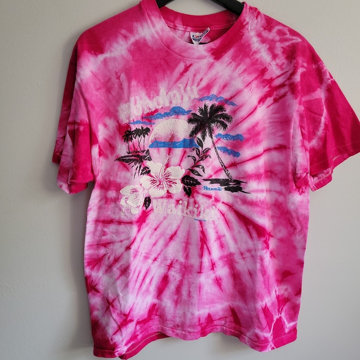 VTG Honolulu Hawaii Puff Print Destination Shirt XL Pink and White