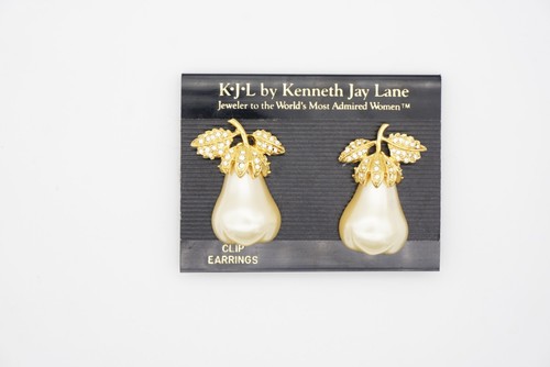 Kenneth Jay Lane KJL Vintage Large White Pearl Pear Crystals Leaf Clip Earrings - Picture 6 of 9