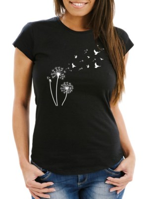 Damen T-Shirt Pusteblume Vögel Dandelion Birds Slim Fit Neverless 