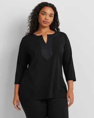 LAUREN RALPH LAUREN Black Split Neck Cotton 3/4 Sleeve Blouse Top 3X = 22W 24W