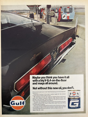 1960s Gulf Formula G Racing Motor Oil Cobra V-8 4 On Floor Vintage Print Ad