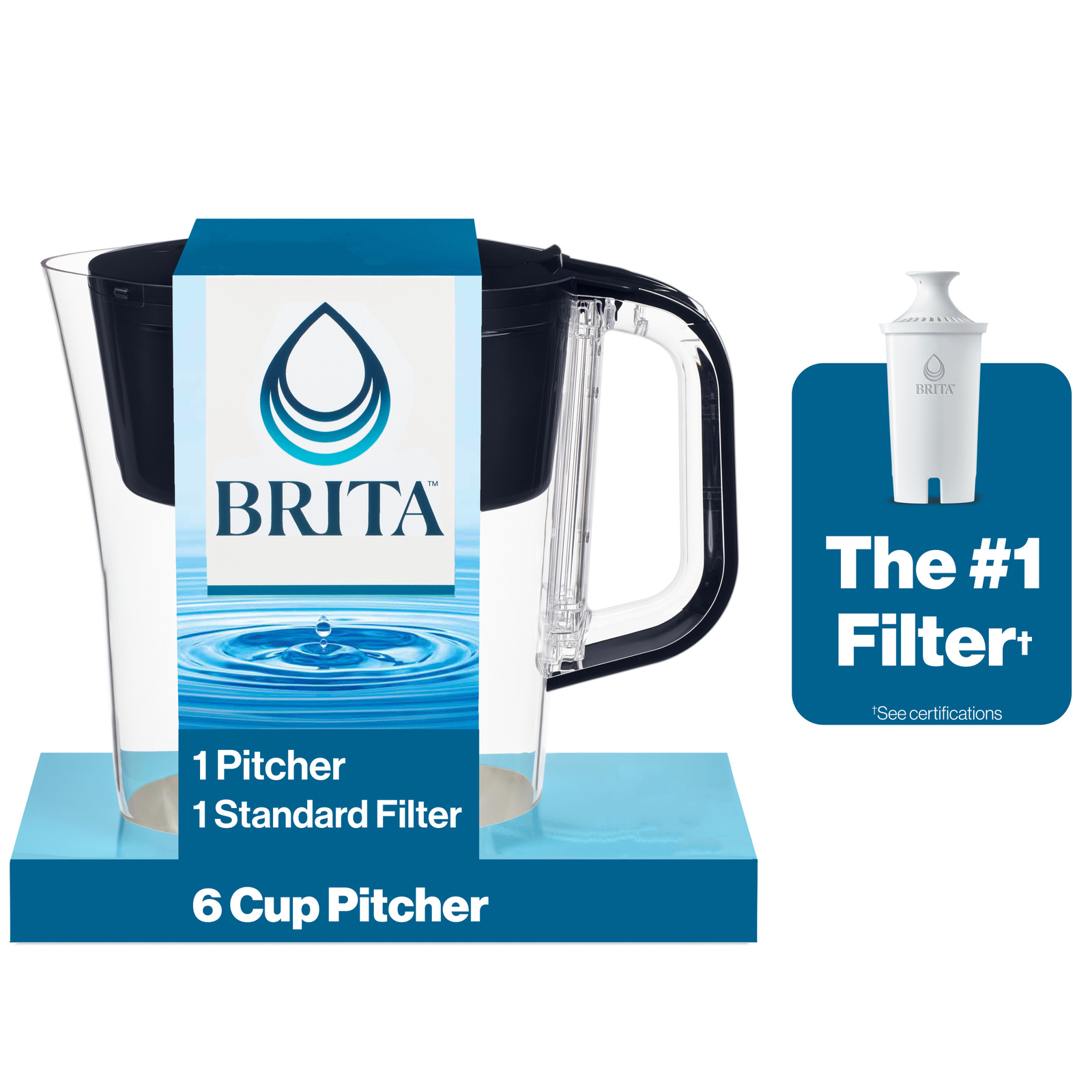 Small 6 Cup Black Denali Water Filter Pitcher with 1 Brita Standard Filter