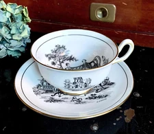 Royal Chelsea H. Fennel Black Transferware Teacup and Saucer Set