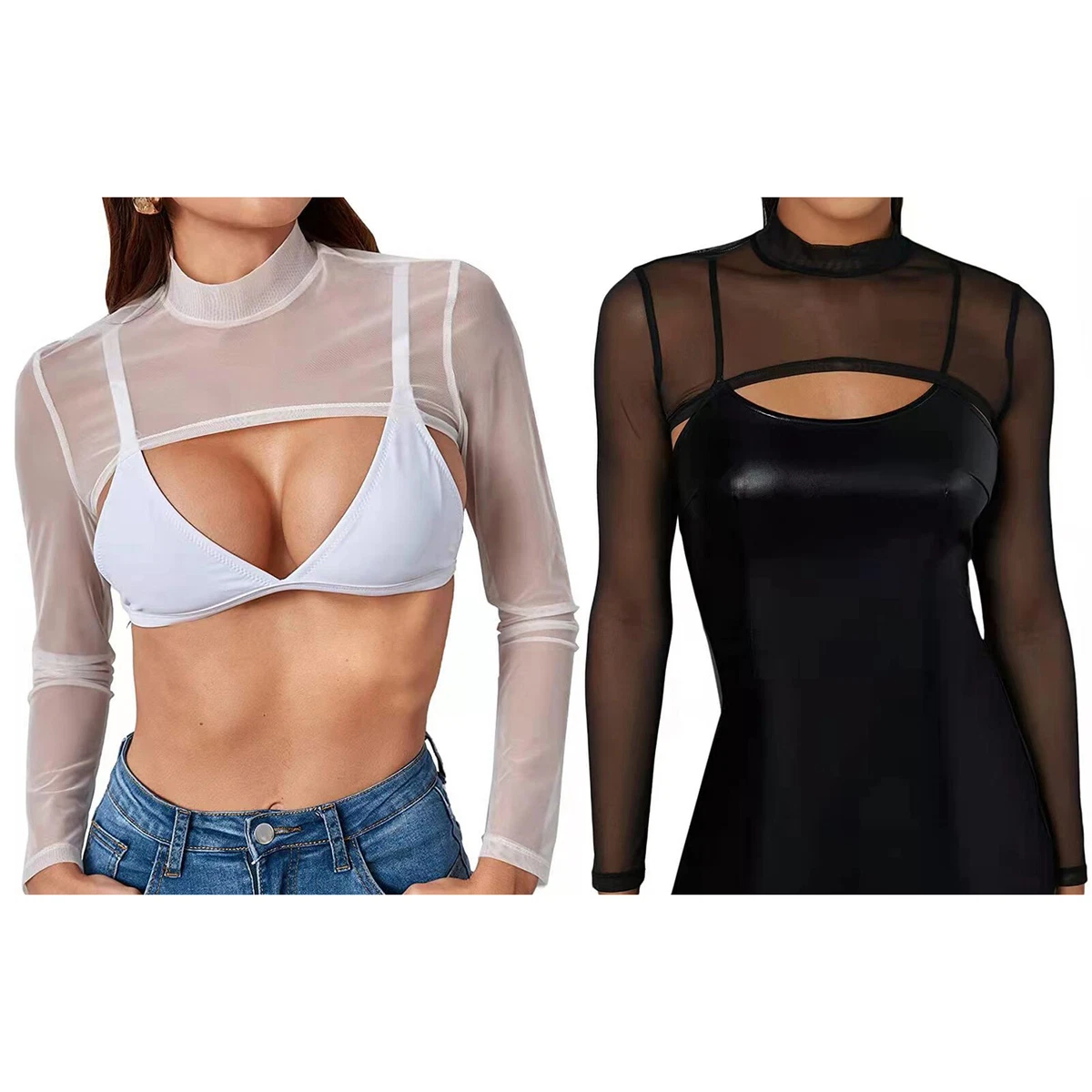 Women's Mesh Sheer Crop Tops Long Sleeve Sexy Sheer Top Cover Up Swim Beach  Mesh