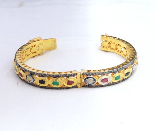 925 Sterling Silver Polki Ruby Emerald Sapphire Pave Diamond Bangle Jewelry Gift - Picture 10 of 14