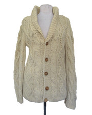 Vintage The Hecht Company Cardigan Sweater Beige Hand Knit Wool M Women