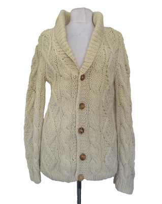 Vintage The Hecht Company Cardigan Sweater Beige Hand Knit Wool M Women