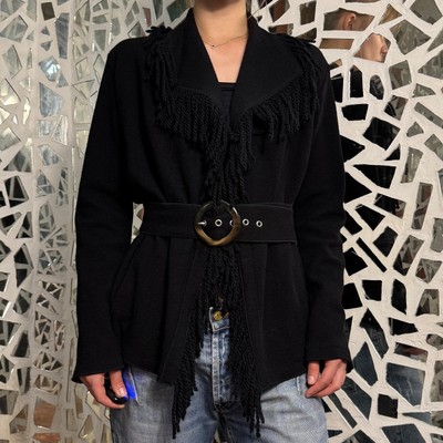 MARELLA Coat Cardigan 100% Virgin Wool Black Classic with Fringe Trim US 6