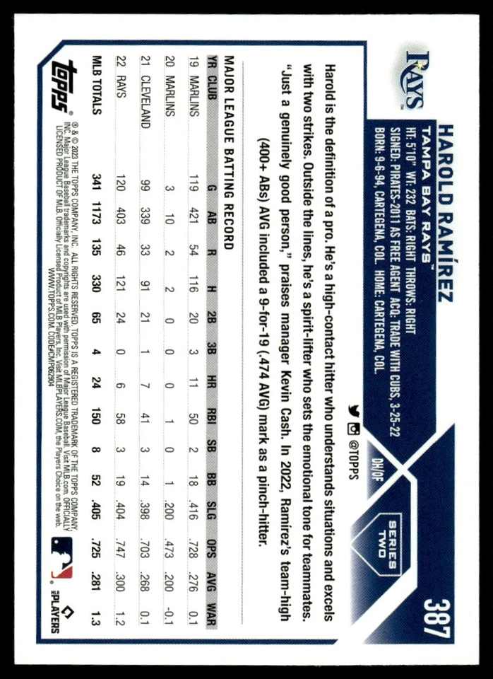 2023 TOPPS SILVER FOIL Harold Ramirez Tampa Bay Rays #387 - Image 2 of 2