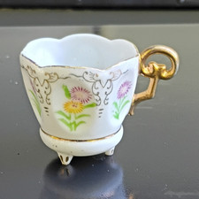 Porcelain Mini Tea Cup Floral Painted Design Gold Handle Decorative Collectible