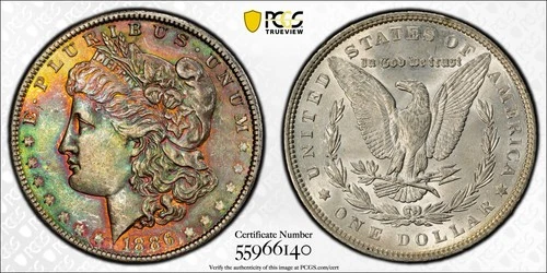 1886 Morgan Silver Dollar $1 PCGS MS 62 (OBVERSE RAINBOW TONED!)