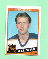 (1) TOM BARRASSO 1984-85 TOPPS # 158 SABRES GOALIE AS ROOKIE MISCUT CARD (N7212). rookie card picture