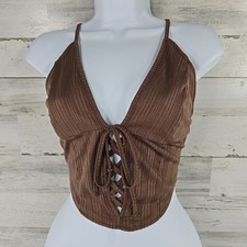 URBAN OUTFITTERS WOMEN'S SIZE LARGE Brown Lace Front Cropped TOP STRETCH FLAW .