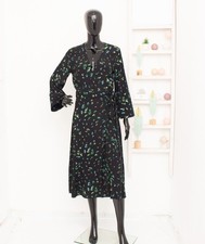 GANNI Wrap Maxi Dress Black Green Floral Pattern Crepe Belted Bell Sleeves 40