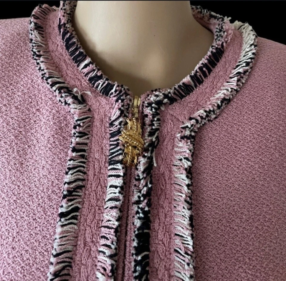 Jaqueta/blazer St John Collection tamanho 10 Rse rosa multi boucle malha com franjas - Imagem 4 de 4