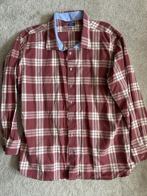Tom James Button Up Shirt Mens Approx XL Red Plaid Long Sleeve Custom Made
