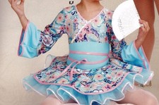 Girls Medium Blue Long Sleeve Dance Dress with Tutu and Floral Decoration