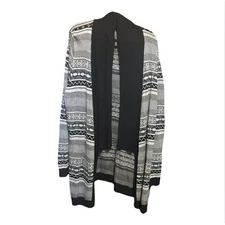 Womens Black White Geometric Print Long Cardigan Sweater Open Front Shawl Collar
