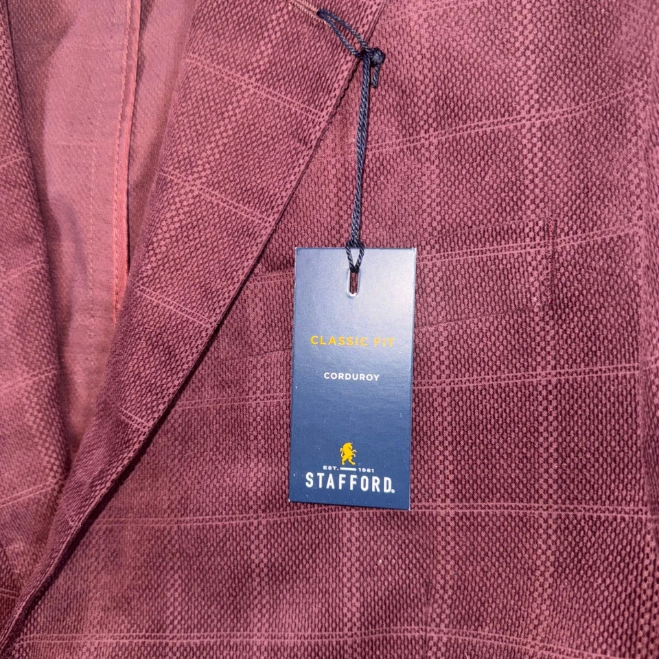 Stafford Mens Burgundy Check Corduroy Sport Coat Blazer Classic Fit 44S NEW - Image 4 of 4