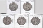 Lot of 5 Walking Liberty Half Dollars - 90% Silver - all 1930's - US Coins