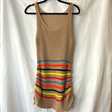 Women's Sleeveless Striped Knit Sweater Dress Scoop Neck Fringe Short Size M