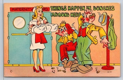 Vintage Comic Postcard Maternity Ward Triplets ''Hard Things Happen in Bunches''