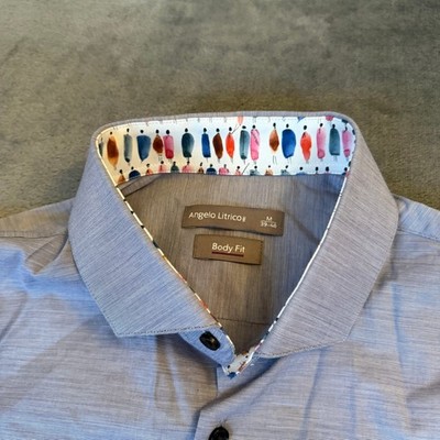 Angelo Litrico Body Fit Button Up Shirt Mens Medium Blue Stretch Contrast Cuff