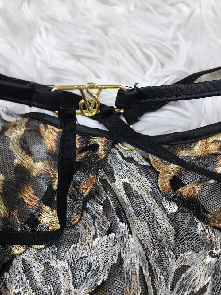 Victoria's Secret Lingerie Brazilian Thong Leopard Lace Strappy Crotchless L - Image 4 of 4