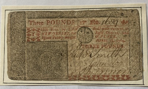1764 New Jersey Three Pound Note