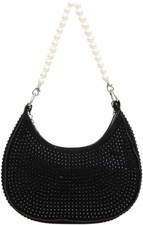 Pearl Rhinestone Women Sparkle Evening Handbag Crossbody  Leather Black Color