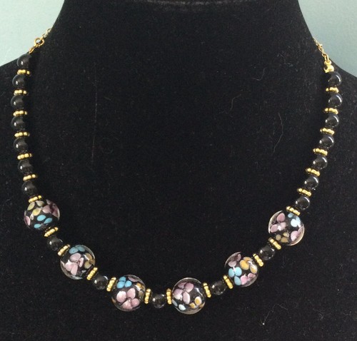 Murano Cased Glass 18” Necklace Dangle Earrings Set Black Multi Floral Gift NWT - Picture 2 of 9