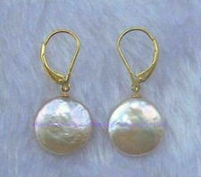 New White 12-13mm Coin Freshwater Cultured Pearl Drop Dangle Earrings