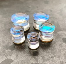 Pair Faceted Iridescent Glass Double Flare Plugs Gauges Body Jewelry Pair Faceted Iridescent Glass Double Flare Plugs Gauges Body Jewelry