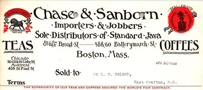 1898 CHASE SANBORN IMPORTERS JOBBERSSTANDARD JAVA TEAD COFFEES BOSTON CV182