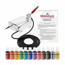 U.S. Cake Supply Complete Cake Decorating Airbrush Kit Compressor 12 Food Colors
