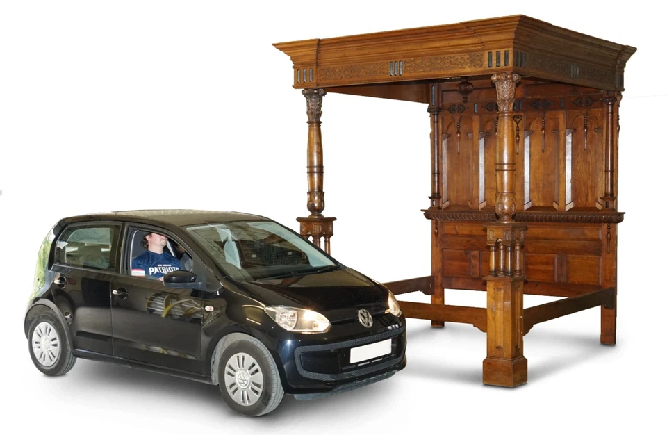 MONUMENTAL 3 METER EMPEROR ANTIQUE CIRCA 1880 CARVED ENGLISH BURR OAK TESTER BED - Image 2 of 4