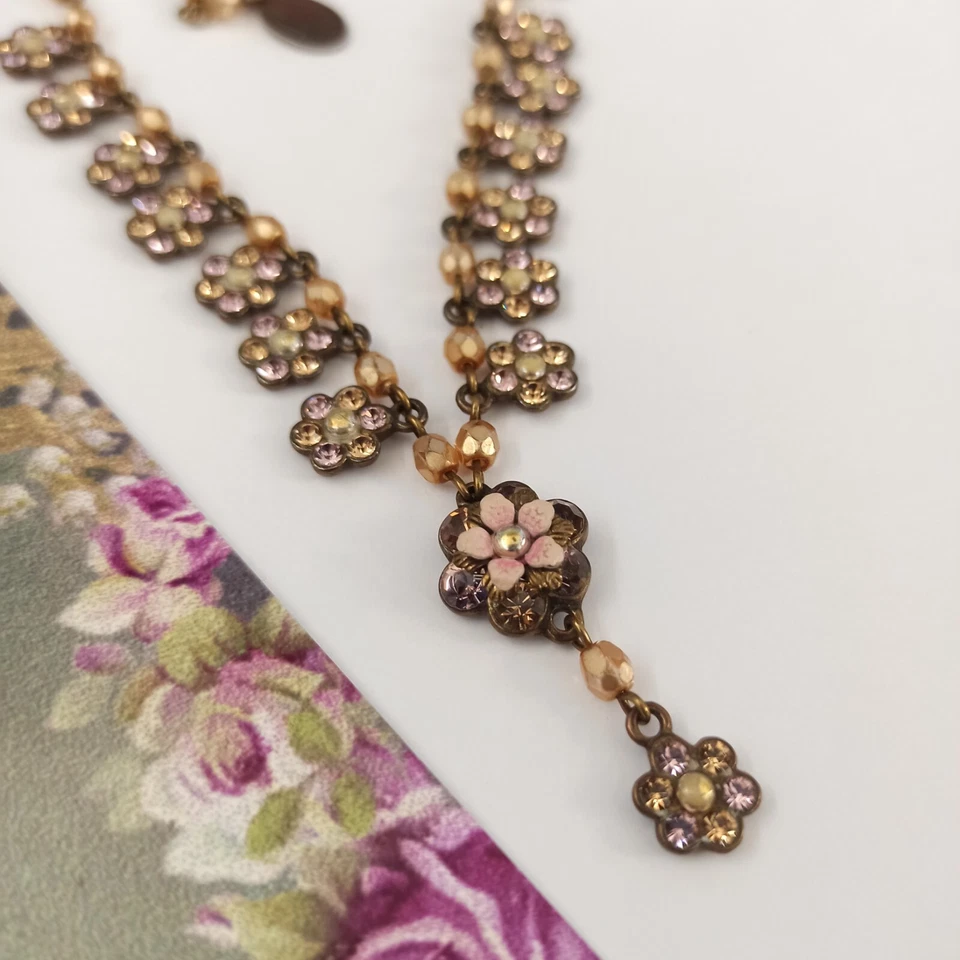 Collar Michal Negrin Beige Rosa Gota en Y Cristales Cuentas Shabby Chic Foto 3 de 4
