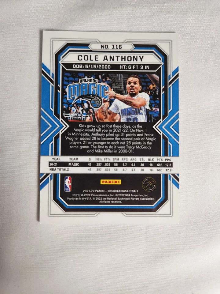 Cole Anthony 2021 Panini Obsidian Copper #118 SSP 41/50 Orlando Magic - Image 2 of 3