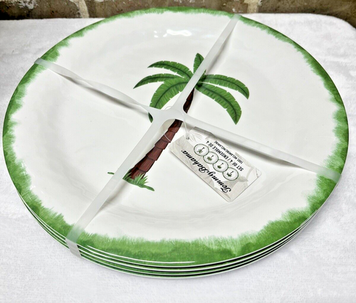 4 TOMMY BAHAMA Dinner Plates MELAMINE White PALM TREE Green Rim Edge 11" NEW 🌴 - Picture 5 of 6