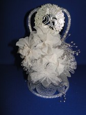 New 25TH Wedding Anniversary Cake topper with white satin flowers and heart 18