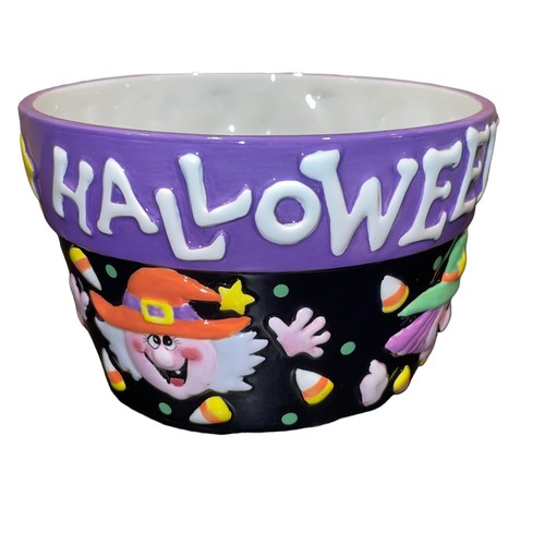 Happy Halloween Keramik Schale Blumentopf Hexe Zuckermais Sterne schwarz lila 6,5" - Bild 2 von 10