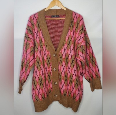 Women's Mango Knitted Oversize Cardigan - Argyle pinks, brown and black XL