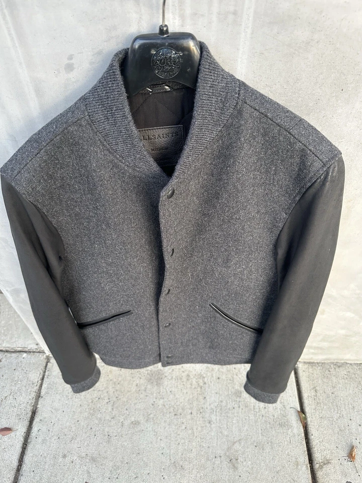 Men’s All Saints Marley Leather Wool Bomber Jacket M - Image 2 of 4