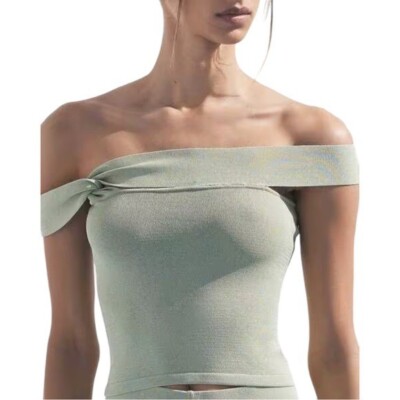 Cult Gaia Womens Size L Kimmy Knit Fitted Off Shoulder Top in Moonstone Green